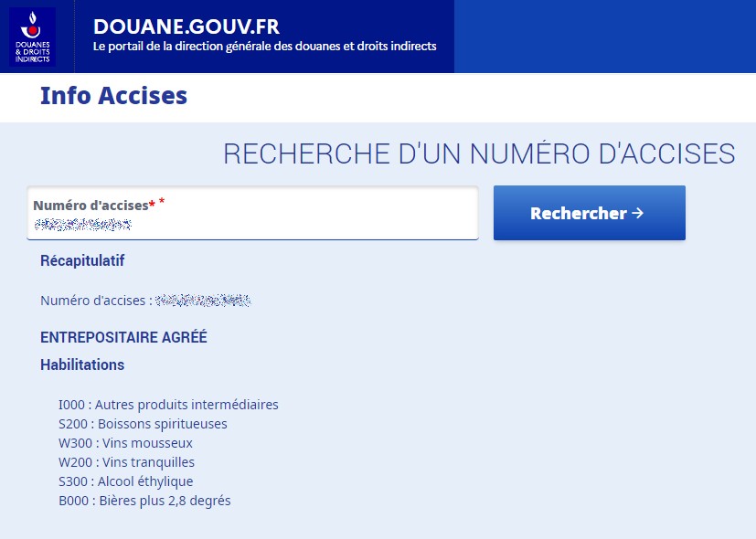 Fiche de renseignements entrepositaire agréé - recherche numéro d'accises